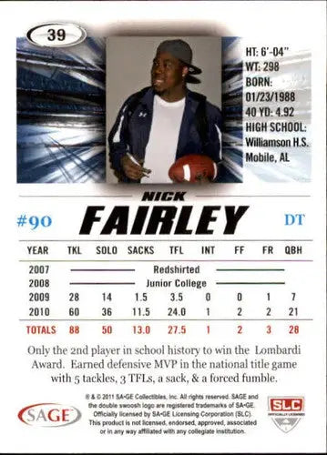 Original gloss football trading card of Nick Fairley from Sage Hit 2011 series