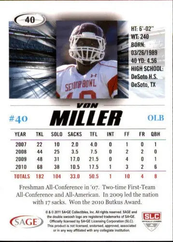 2011 SAGE Hit #40 Von Miller NM-MT - Football Card Single