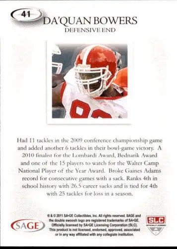 Original gloss of Da’Quan Bowers Sage Hit football card 2011 NM-MT