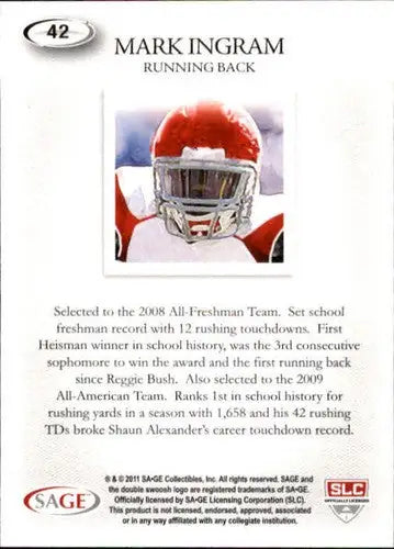 Original gloss Sage Hit Mark Ingram football trading card showcasing collegiate achievements