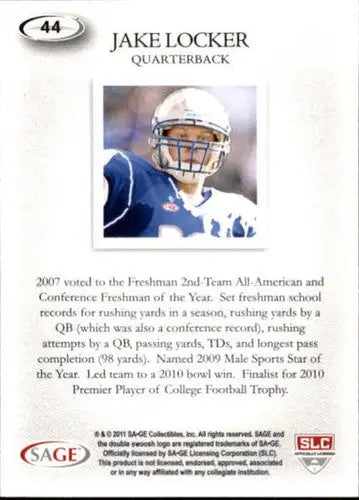 Original gloss 2011 SAGE Hit Jake Locker football trading card with career highlights