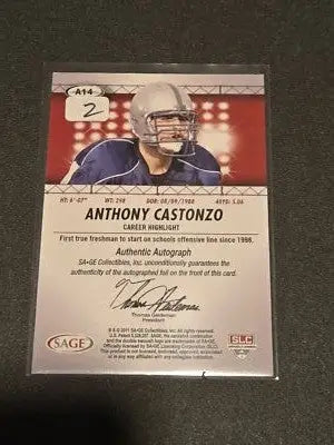 2011 SAGE HIT #A14 Anthony Castonzo Autographs gold #/250 - Football Card Single