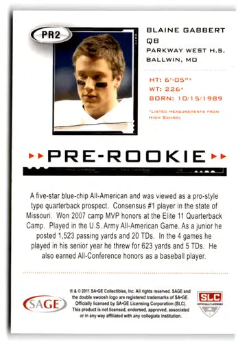 2011 SAGE Hit Pre-Rookie #PR2 Blaine Gabbert NM-MT ID:73651 - Football Card Single
