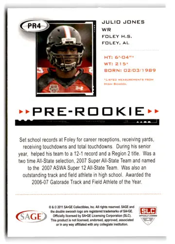 Sage Hit Julio Jones Pre-Rookie football card with original gloss from 2011 SAGE Hit