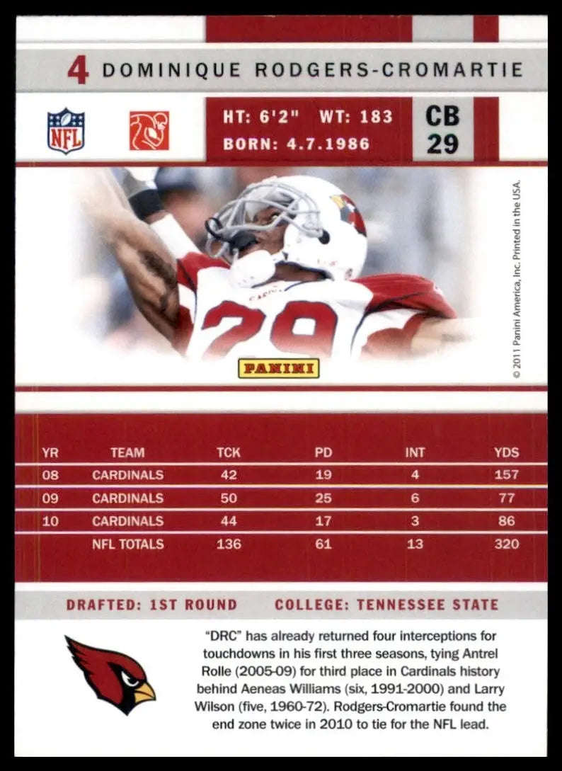 2011 Score Dominique Rodgers Cromartie #4 Arizona Cardinals Football Card NFL - Football Card Single