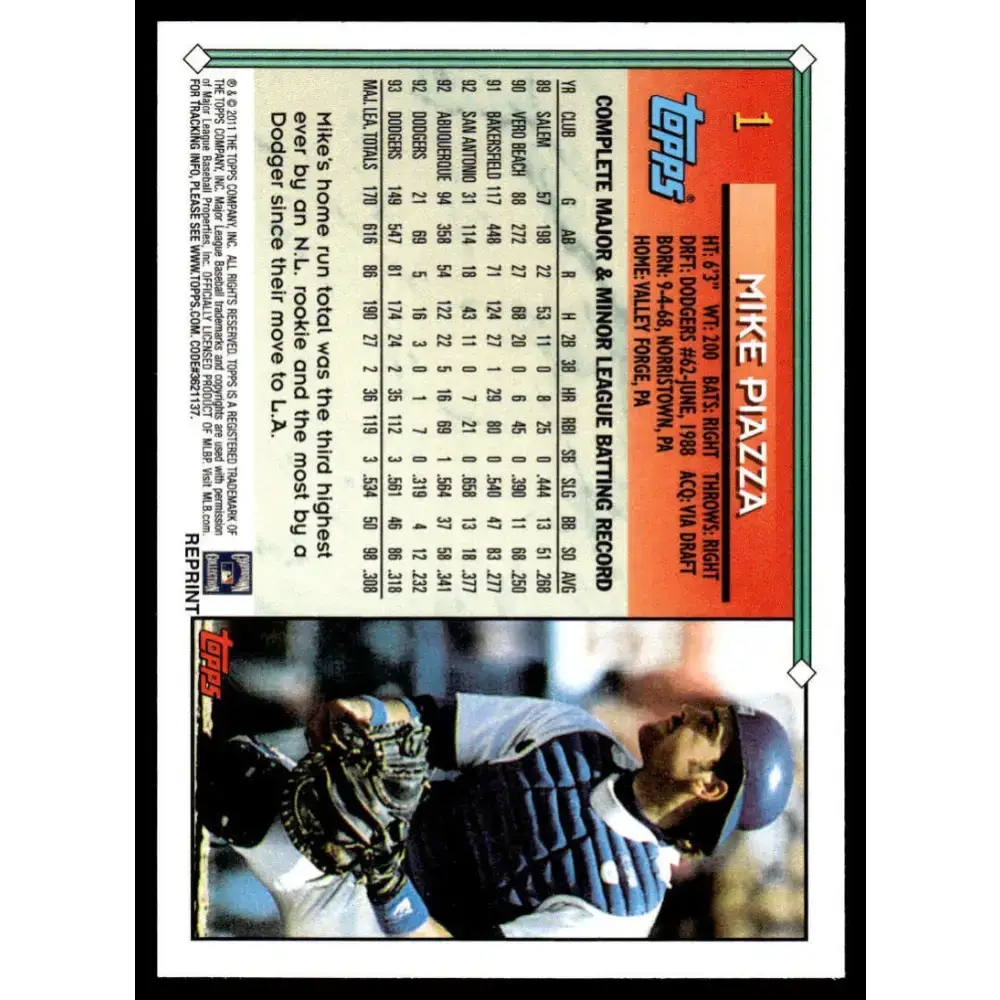 2011 Topps #1 Mike Piazza EX/NM Los Angeles Dodgers Baseball Card - Baseball Card Single
