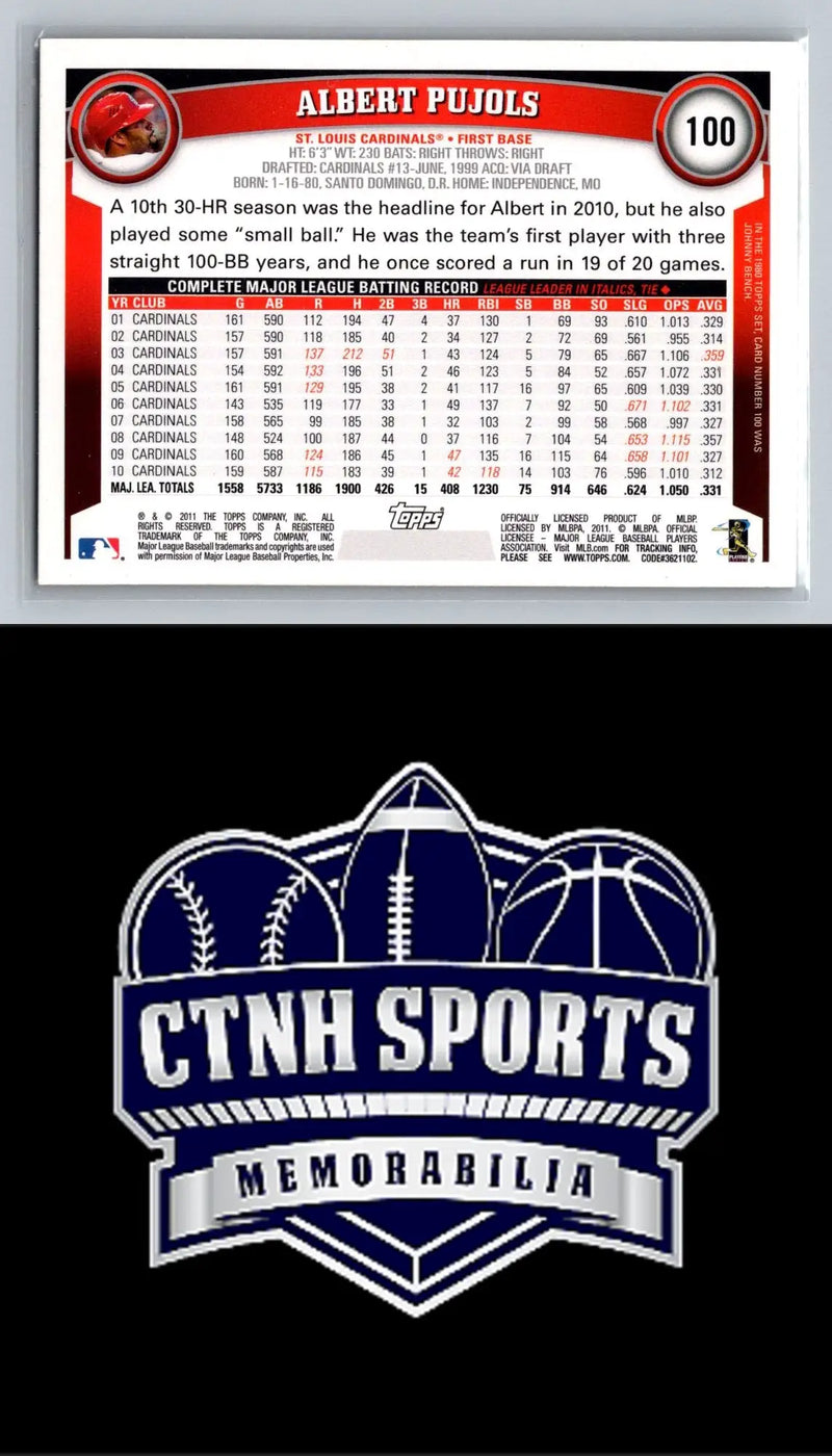 Back of 2011 Topps #100 Albert Pujols Cognac Diamond Anniversary baseball card