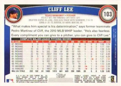 Original gloss Cliff Lee NMMT baseball card from 2011 Topps featuring Cliff Lee Rangers