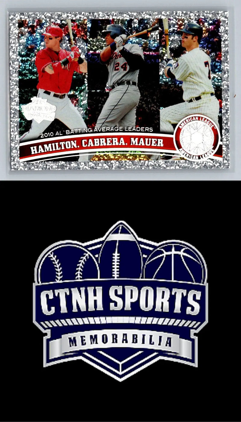 Baseball card showcasing 2010 AL batting average leaders Hamilton, Cabrera, Mauer Diamond Anniversary