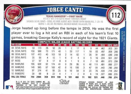 2011 Topps Jorge Cantu baseball card with original gloss NM-MT Rangers ID 71640