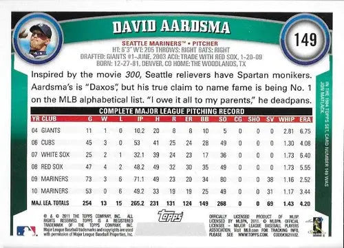 Original gloss David Aardsma baseball card 2011 Topps Mariners Simply Sandoval