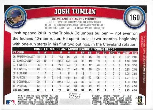 2011 Topps #160 Josh Tomlin NM Near Mint Indians ID:33619 - Baseball Card Single