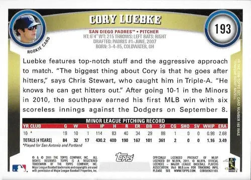 2011 Topps #193 Cory Luebke NM-MT RC Rookie Padres ID:72339 - Baseball Card Single