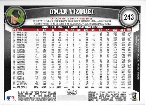 Omar Vizquel baseball card from 2011 Topps White Sox with original gloss ID 73175