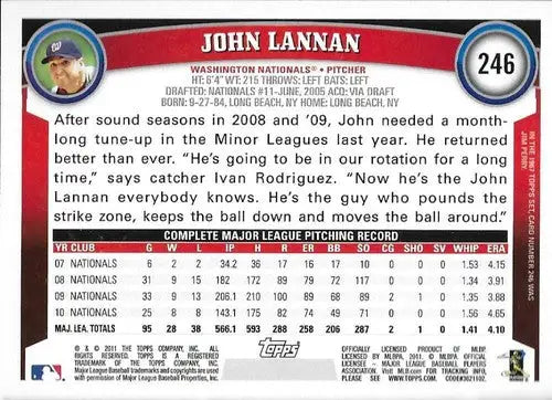 Baseball card back featuring original gloss of John Lannan from 2011 Topps #246