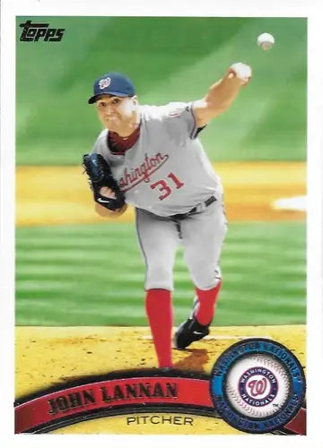 Original gloss John Lannan baseball card from 2011 Topps series featuring Nationals team