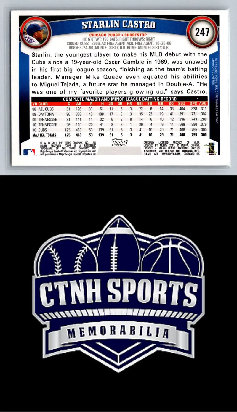 Baseball card featuring 2011 Topps #247 Starlin Castro Diamond Anniversary Chicago Cubs
