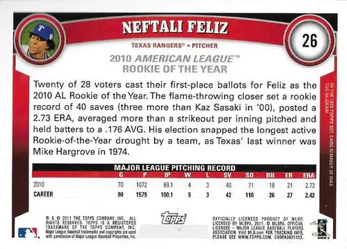 2011 Topps Neftali Feliz baseball card with original gloss featuring Rangers player