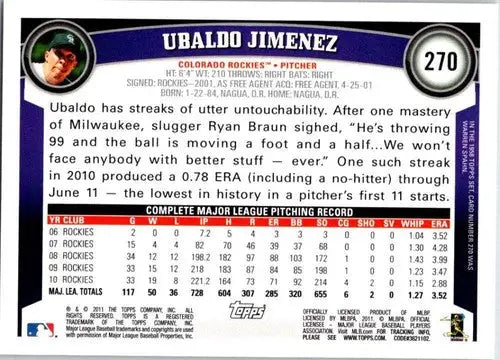 Original gloss Ubaldo Jimenez baseball card from 2011 Topps featuring Rockies player