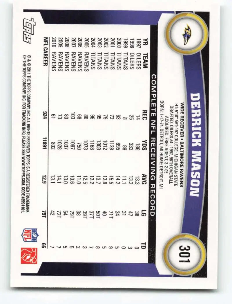 2011 Topps #301 Derrick Mason NM-MT Ravens ID:82029 - Football Card Single