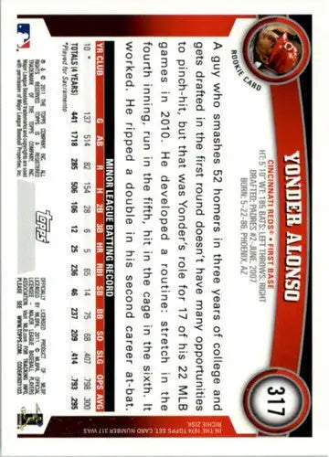 Original gloss Yonder Alonso baseball card from 2011 Topps #317 NM-MT Rookie Reds