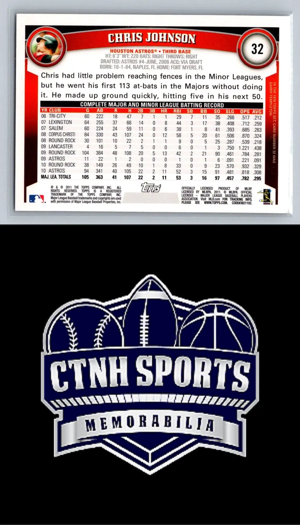 Back of 2011 Topps #32 Chris Johnson Diamond Anniversary Houston Astros baseball card