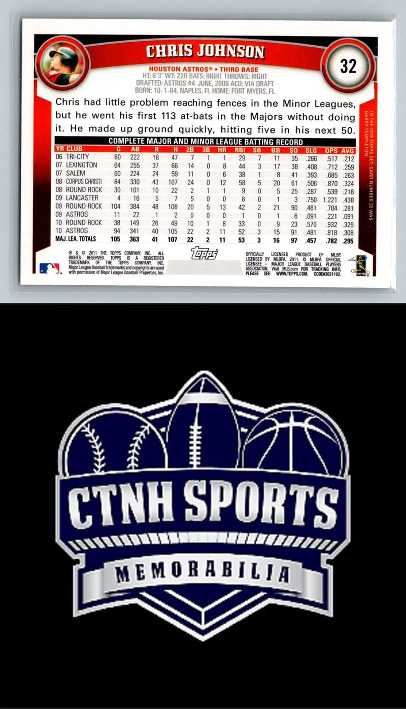 Back of 2011 Topps #32 Chris Johnson Diamond Anniversary Houston Astros baseball card