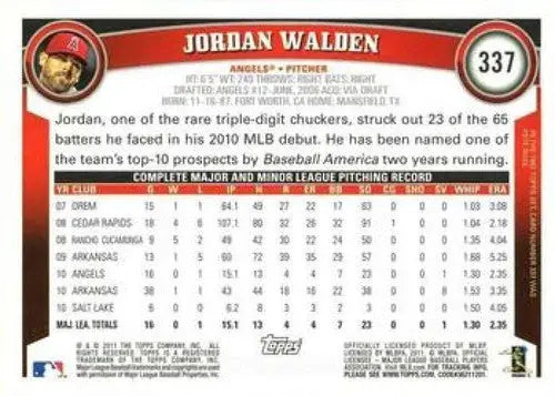 Jordan Walden baseball card from 2011 Topps #337 with original gloss and NMNT condition