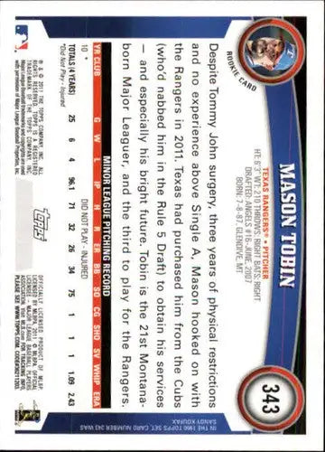 Original gloss Mason Tobin rookie Rangers baseball card from 2011 Topps #343