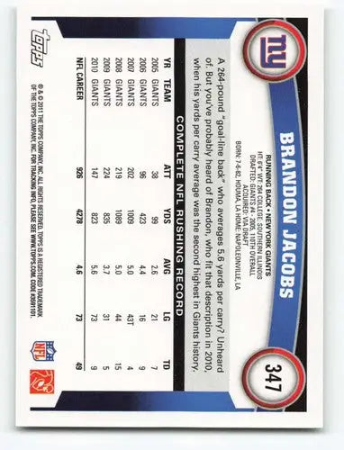 2011 Topps #347 Brandon Jacobs NM-MT NY Giants ID:82028 - Football Card Single