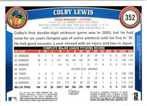 Original gloss Colby Lewis NM-MT baseball card from 2011 Topps #352 Rangers