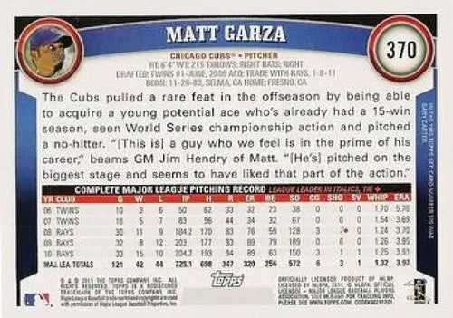 Matt Garza baseball card from 2011 Topps #370 featuring Garza NMMT and Cubs