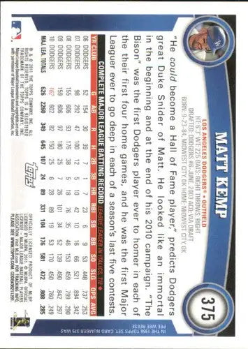 2011 Topps #375a Matt Kemp NM-MT Dodgers ID:81503 - Baseball Card Single