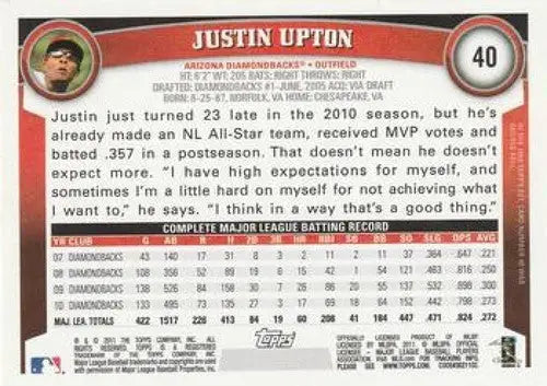 Baseball card back of 2011 Topps Justin Upton NM-MT Diamondbacks with original gloss