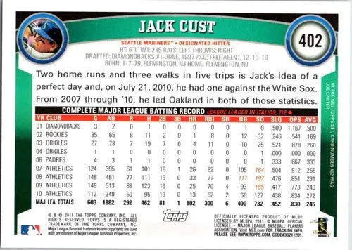 Original gloss Jack Cust baseball card 2011 Topps NM-MT Mariners ID 71615