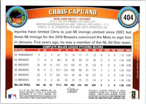 Original gloss of Chris Capuano baseball card back from 2011 Topps NM-MT Mets