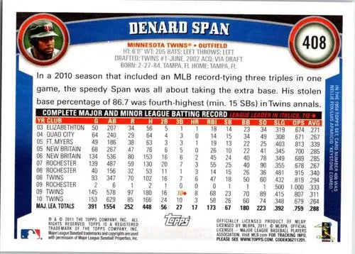 Original gloss Denard Span baseball card 2011 Topps #408 NM-MT Twins ID 72962