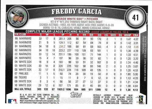 Original gloss Freddy Garcia baseball card featuring White Sox player in 2011 Topps set