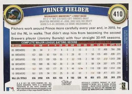 Original gloss Prince Fielder baseball card from 2011 Topps #410 Prince Fielder NMMT Brewers