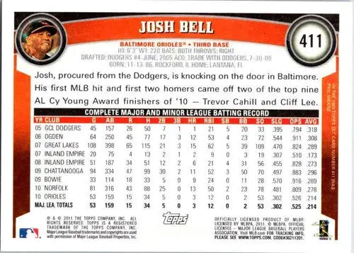 Original gloss Josh Bell baseball card from 2011 Topps #411 featuring Josh Bell and Simply Sandoval