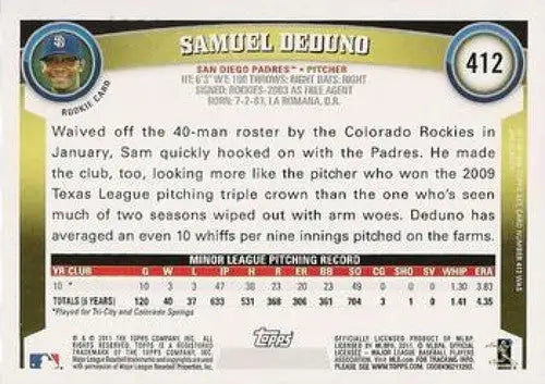 2011 Topps #412 Samuel Deduno NMMT RC Rookie Padres ID:7332 - Baseball Card Single