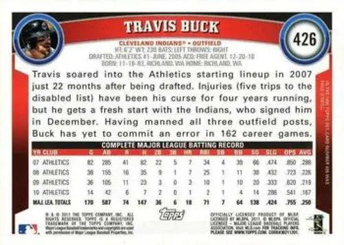 Travis Buck NMNT baseball card from 2011 Topps #426 featuring Indians player