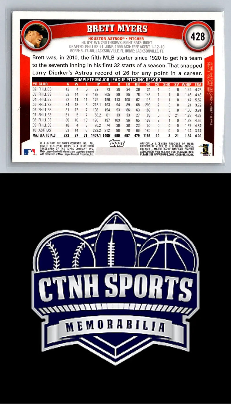 Back of 2011 Topps #428 Brett Myers Cognac Diamond Anniversary baseball card