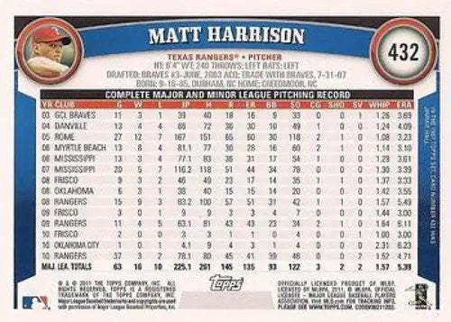 Original gloss Matt Harrison NMMT baseball card from 2011 Topps #432 Rangers