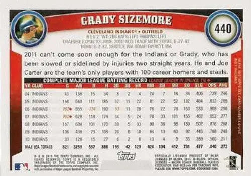 Original gloss Grady Sizemore NMMT baseball card from 2011 Topps #440 featuring Grady Sizemore