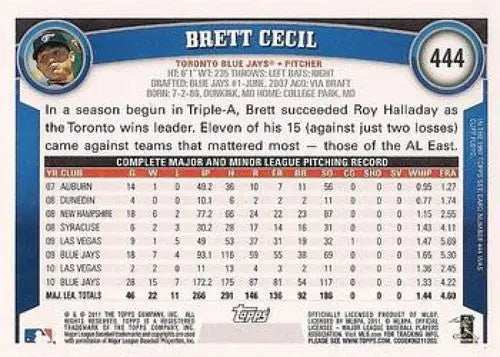 2011 Topps Brett Cecil NMMT baseball card featuring Brett Cecil and Blue Jays team