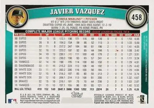 Baseball card back showcasing original gloss of 2011 Topps Javier Vazquez NMMT Marlins ID 7348