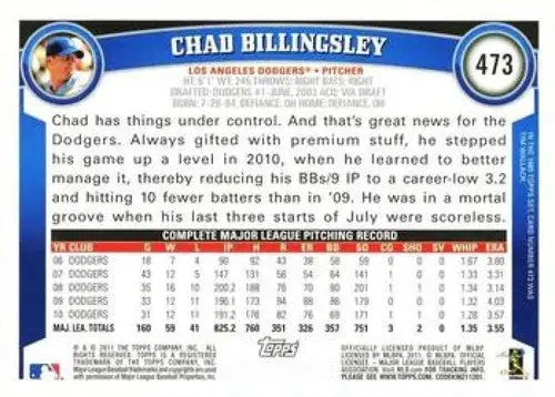 Original gloss Chad Billingsley NMMT baseball card from 2011 Topps Dodgers set