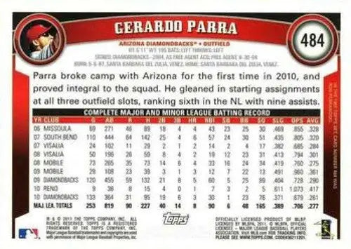 Original gloss Gerardo Parra baseball card 2011 Topps #484 Gerardo Parra NMMT Diamondbacks