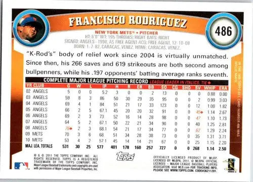 Original gloss Francisco Rodriguez baseball card 2011 Topps NM-MT Mets ID 72235